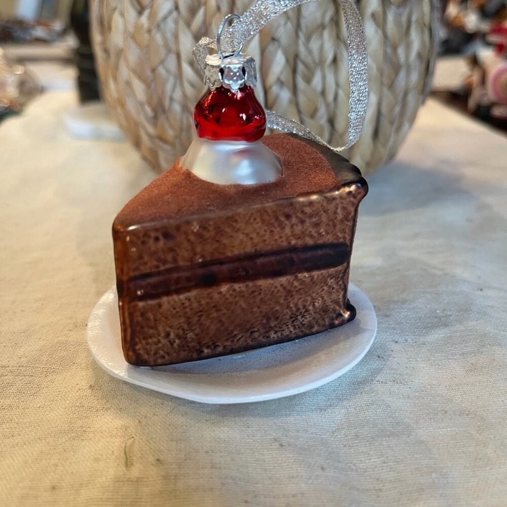 Brown Cake Slice Ornament with Red Cherry